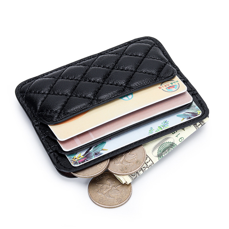 Genuine Sheepskin Leather Card Holder For Women, Slim Compact Diamond Quilted Wallet For Bank Cards, Driver's License And Coins - Thumbnail 2