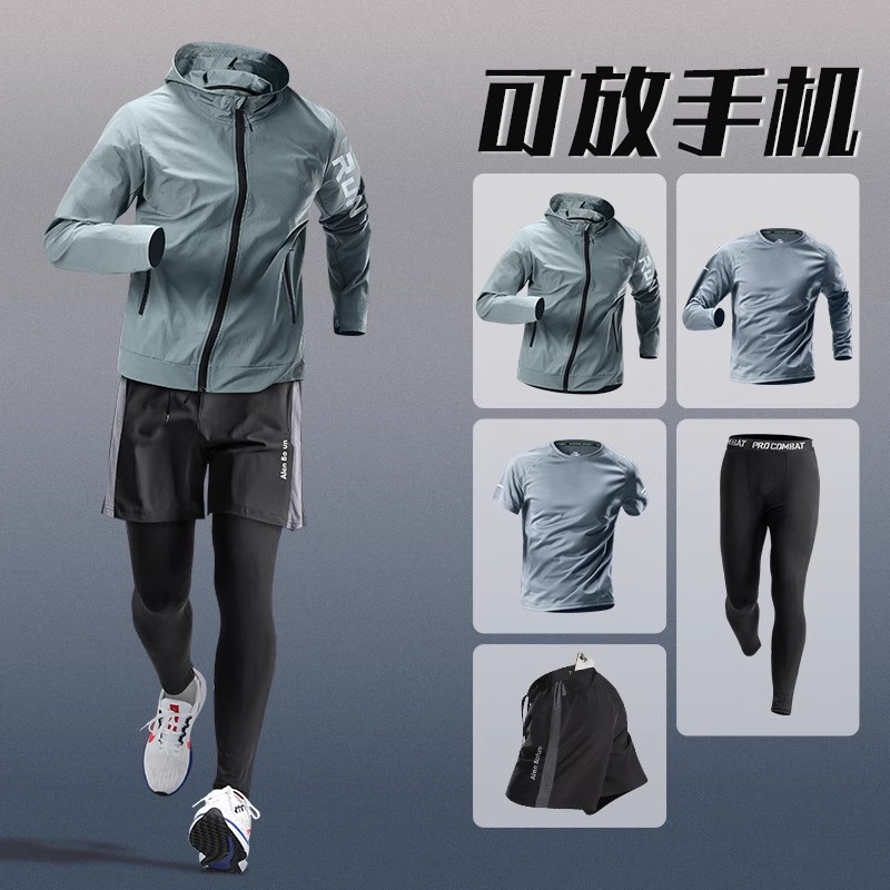 Trajes de carreras para hombres, entrenamiento de primavera de secado rápido, ciclismo, gimnasio, ropa deportiva, equipo de cinco piezas