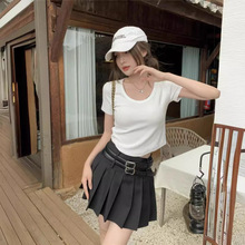 简约休闲套头短袖T恤女夏季2024新款韩版小个子修身短款百搭上衣