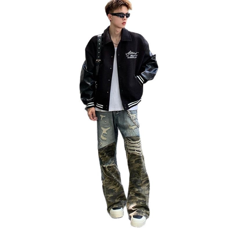 Junge Europäischen Und Amerikanischen Stil Pad Tuch Camouflage Patchwork Zerrissene Jeans 2025 Neue Street Fashion Design Lose Gerade_voghion.com