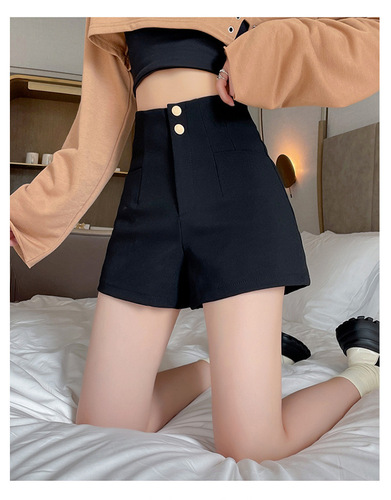 Women's High-Waisted Black Wide-Leg Suit Shorts for Outerwear A-Line Pants Slimming Summer 23 Petite