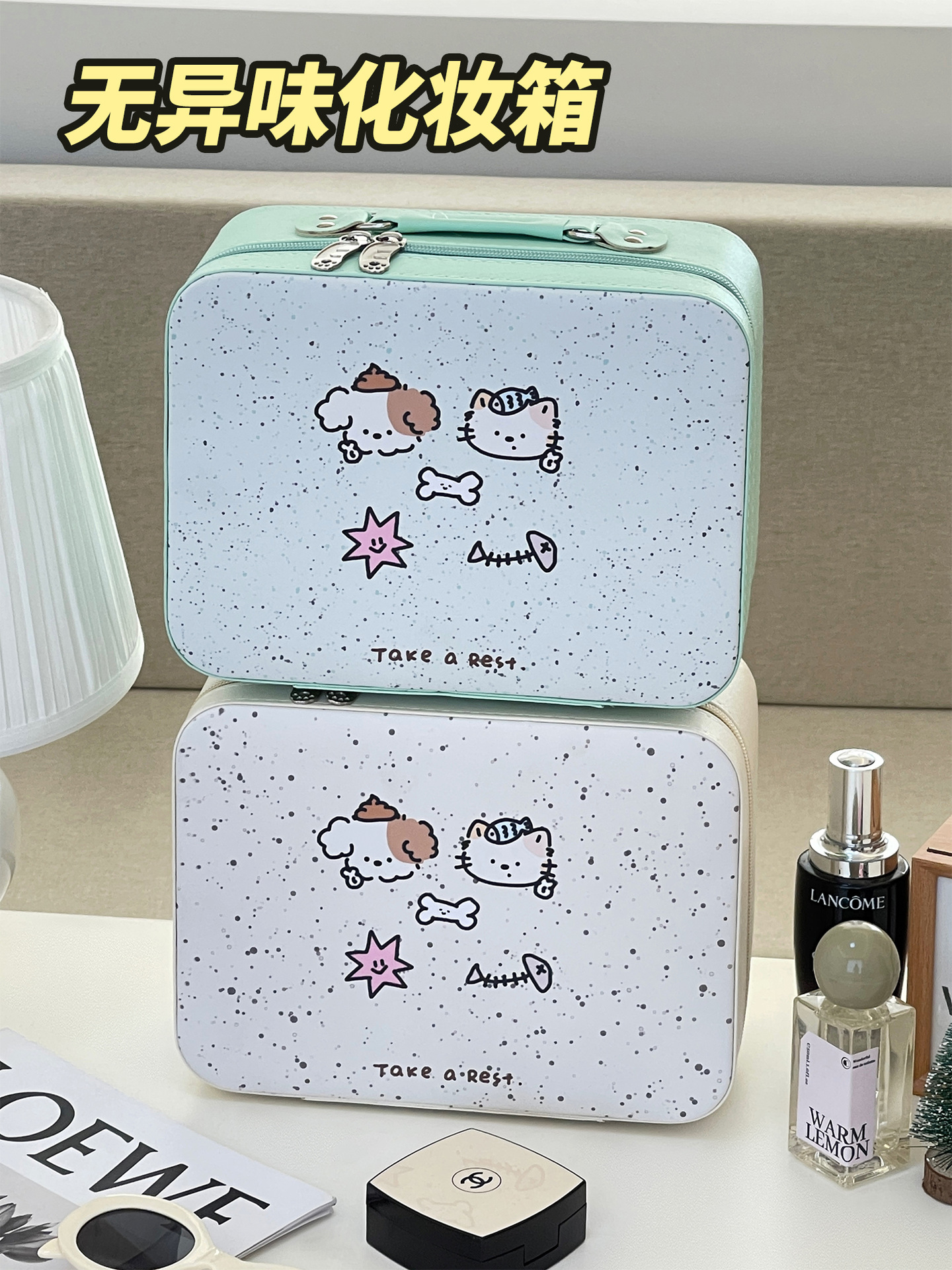Estilo original lindo de gran capacidad con espejo caja de cosméticos bolsa de cosméticos para mujer viaje caja de almacenamiento de cosméticos portátil portátil