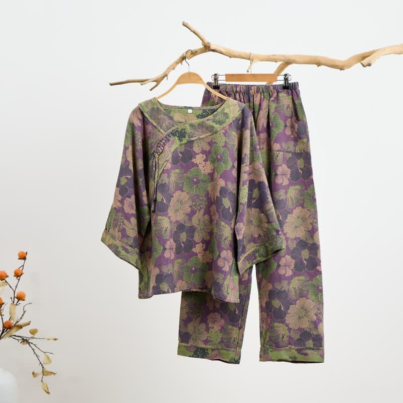 春夏睡裤女长裤纯棉色织复古提花纱布收口休闲宽松家居裤厂家直销