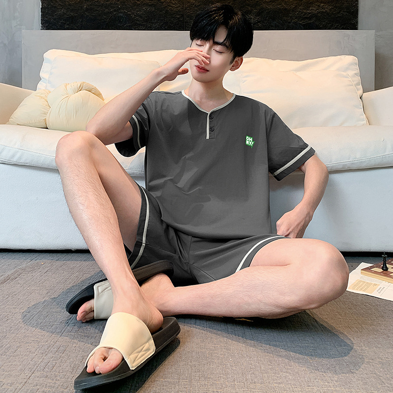 100% 純綿パジャマ男性半袖夏の薄いタイプの青少年カジュアルでゆったりした綿100% の家庭服セット