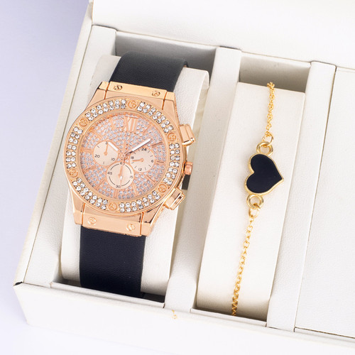 ins Korean style diamond fashion pu strap watch simple watch bracelet two piece set wholesale watch ladies fashion
