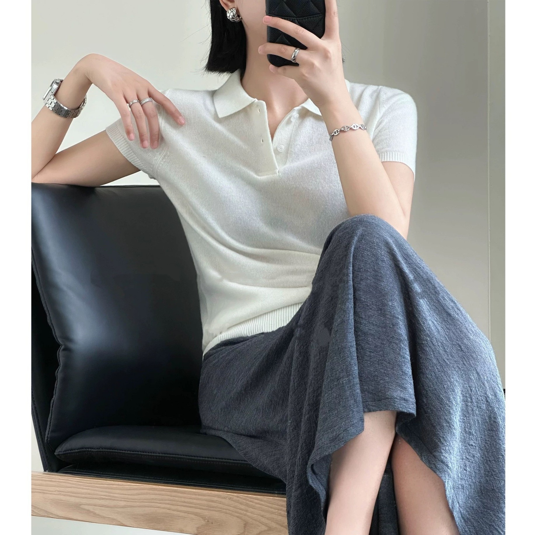 一口奶酪 经典康赛妮羊绒羊毛混纺针织衫气质春夏短袖上衣