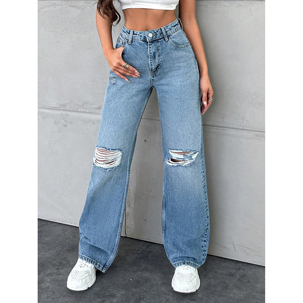 Cross-Border Wish Export Washed Casual Straight Jeans for Women Spring and Autum New Loose Trendyy Versatile Long Pants