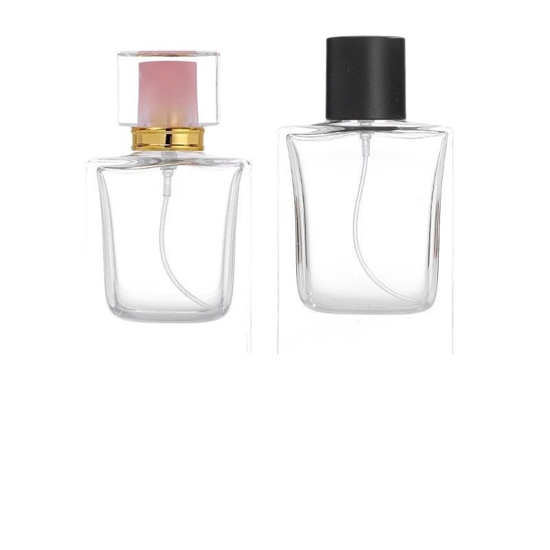 Botella de spray de vidrio 50ml de material blanco de cristal de alta carga Botella de dispensación de spray de perfume de vidrio Botella cuadrada plana de fondo grueso transparente