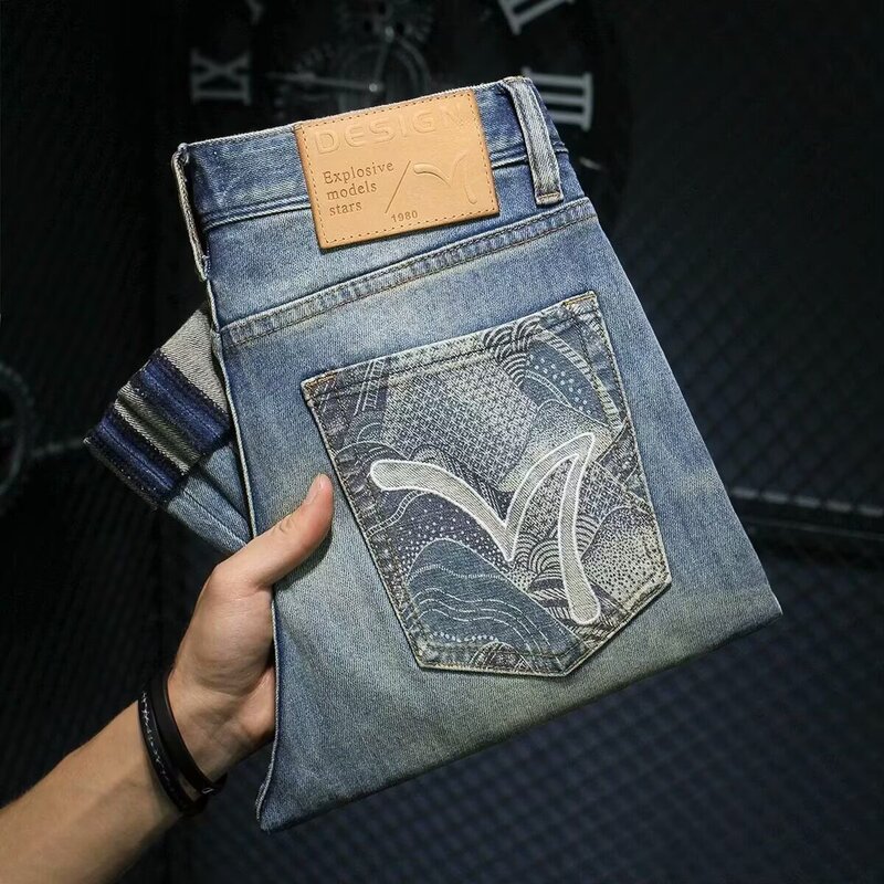 High-End Trendy European Brand 2025 Spring/Summer New European Fashion Small Bee Leather Label Slim Fit Skinny Jeans for Men