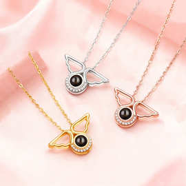 跨境热销投影100种语言我爱你天使翅膀 图片定 制轻奢百搭锁骨链