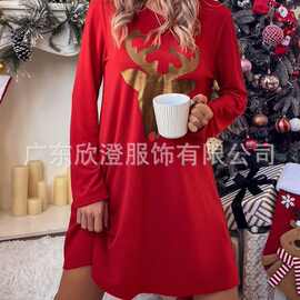 现货2023新款wish亚马逊速卖通 圣诞鹿头印花宽松圆领长袖连衣裙