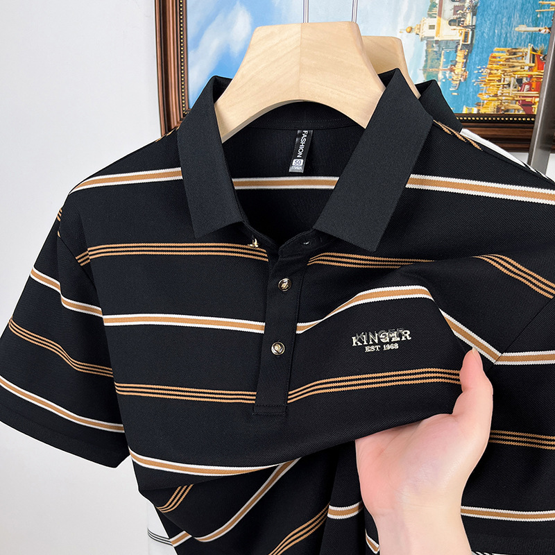 Father's Summer New Short-Sleeve T-Shirt, Wrinkle-Free, Stylish Versatile Men's Polo Shirt, Striped High-End Top