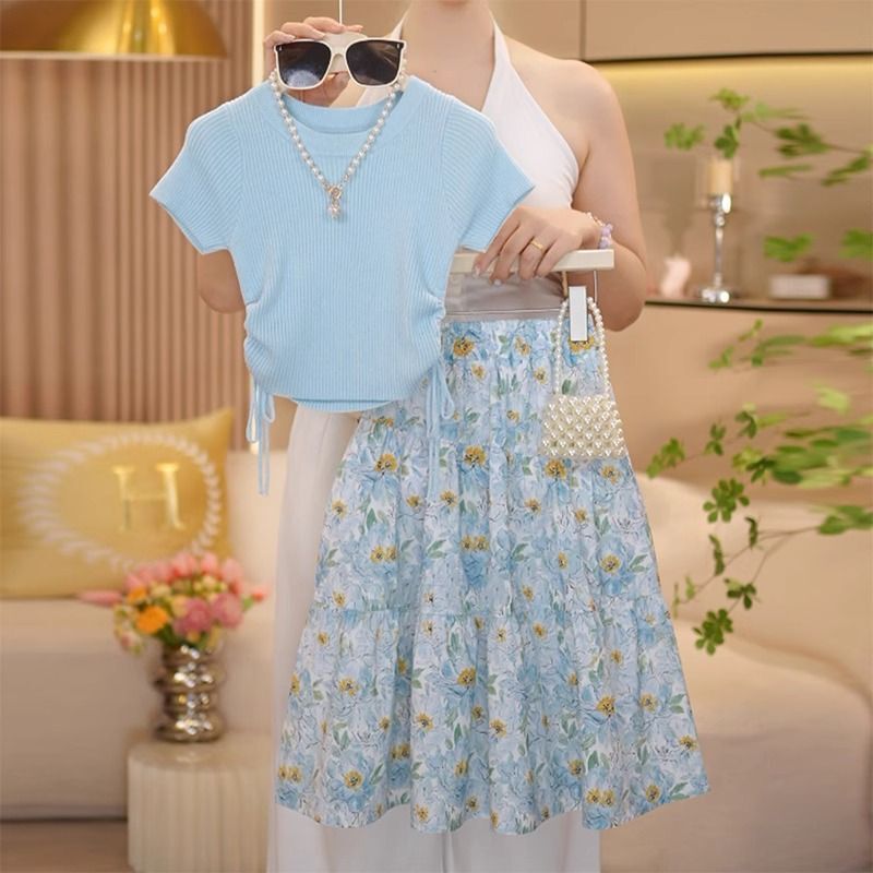女の子花柄スカートスーツ夏 2025 新しい子供の夏服女の子ウエスト Tシャツ 2 点セット西洋スタイル|undefined