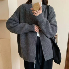 慵懒风双拉链连帽针织衫外套女2025秋冬新款韩系纯色针织衫上衣女