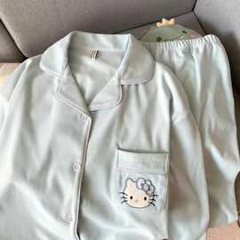冬季新款睡衣女德绒翻领开衫长袖长裤甜美卡通保暖家居服套装