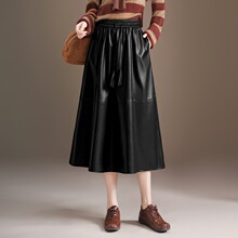 专柜绵羊皮裙女2025秋冬新款高腰显瘦简约A字半身裙气质大摆皮裙