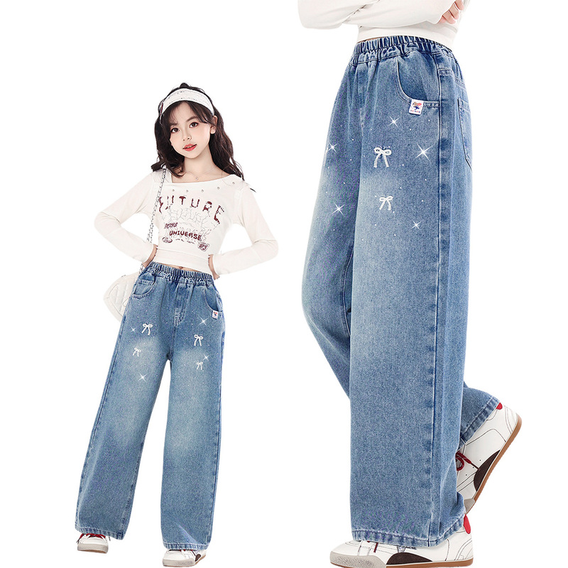 Judy Girls' Children's New Spring Style Diamond-Studded Straight-Leg Long Pants, Soft Loose Wide-Leg Jeans for Girls, Autumn Season Judy Girls' Children's New Spring Style Diamond-Studded Straight-Leg Long Pants, Soft Loose Wide-Leg Jeans for Girls, Autumn Season