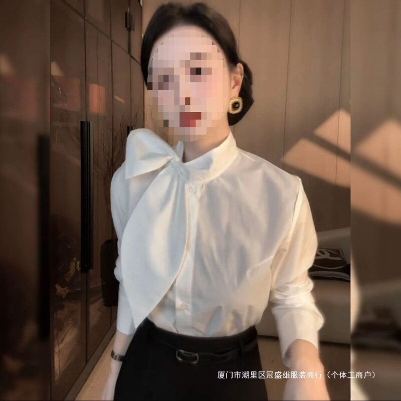 Fashionable Retro Hong Kong Style Bow Tie Stand Collar 2026 Spring New Casual Versatile Cotton Shirt High Collar Stylish Top Fashionable Retro Hong Kong Style Bow Tie Stand Collar 2026 Spring New Casual Versatile Cotton Shirt High Collar Stylish Top