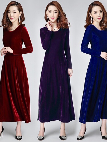Velvet Glamorous Dress for Spring, Autumn, and Winter - Long Skirt, Mother's Base Cheongsam, Cover Stomach, Elegant Style, Thickened, Knee-Length