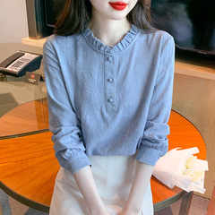 広州 13 行婦人服秋スタンドカラーピュアコットンシャツ女性の長袖プルオーバー多用途シャツコットンとリネントップ