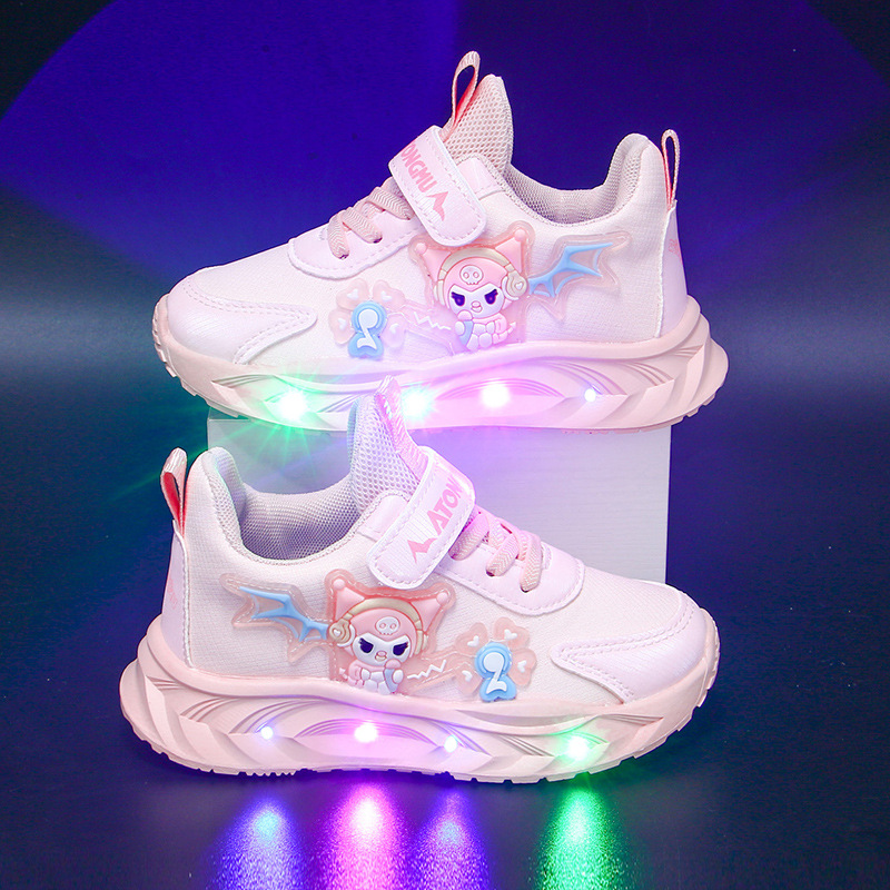 Lighted Kuromi Shoes Girls' Sports Shoes New Leather-Covered Children's Breathable Non-Slip Children's Breathable Princess Running Shoes