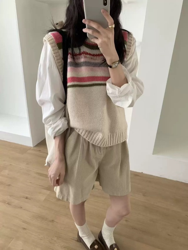 韩系圆领彩虹条纹女2025年秋冬新款女装时尚拼接针织衫简约高级感|undefined