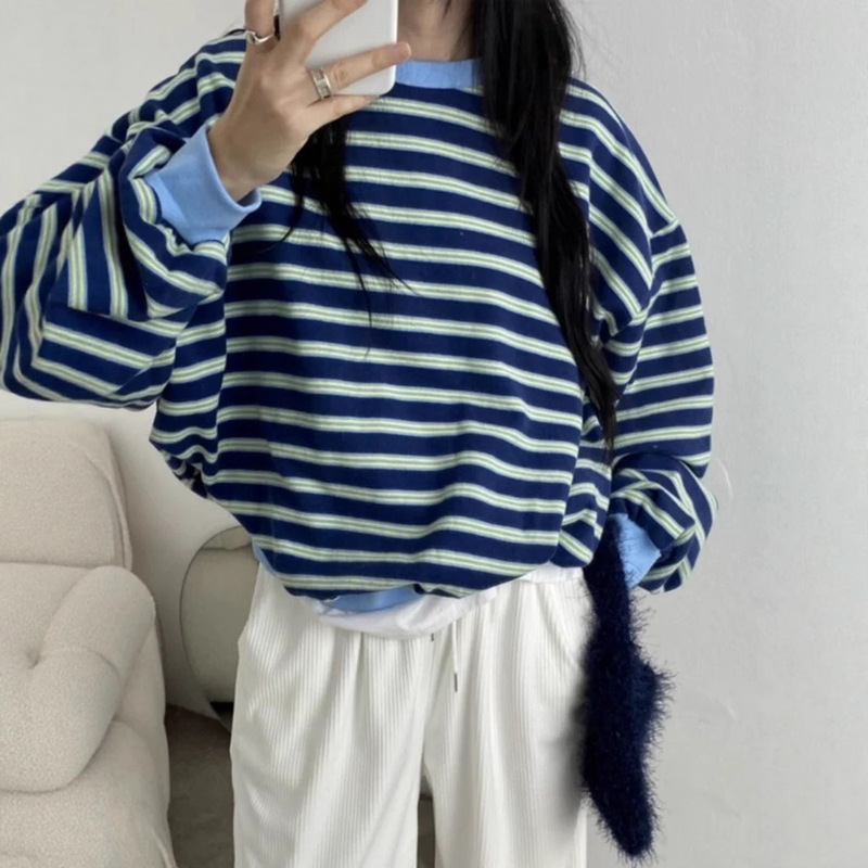 Zhang Ruonan's Same Style Striped Long-Sleeve Sweatshirt, a Popular Korean Version from Dongdaemun, Loose and Lazy Style Women's Striped Sweatshirt Trend
