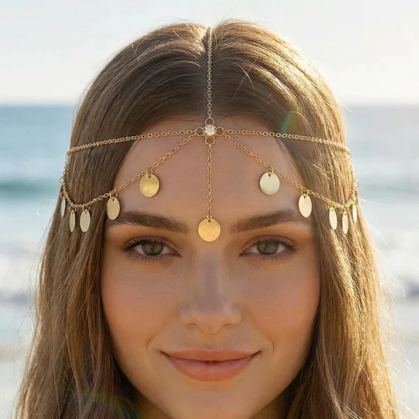 New cross-border headwear INS fashion simple gold metallic sequin tassel head chain women's wedding party accessory