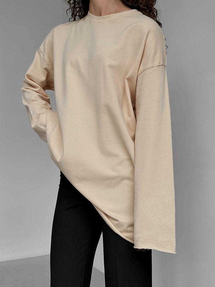 Áo thun nữ cotton 100% cổ tròn tay dài form rộng màu trơn — Màu cà phê, Màu hồng, Màu mơ, Màu trắng chi tiết 26