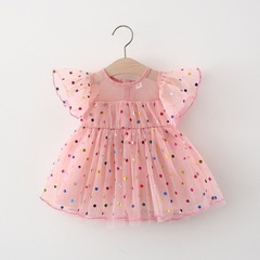 Summer New Birthday Girl's Polka Dot Pom-pom Net Gown for Baby Girls and Young Children, Fly Sleeve Princess Dress Fairy Children's Skirt