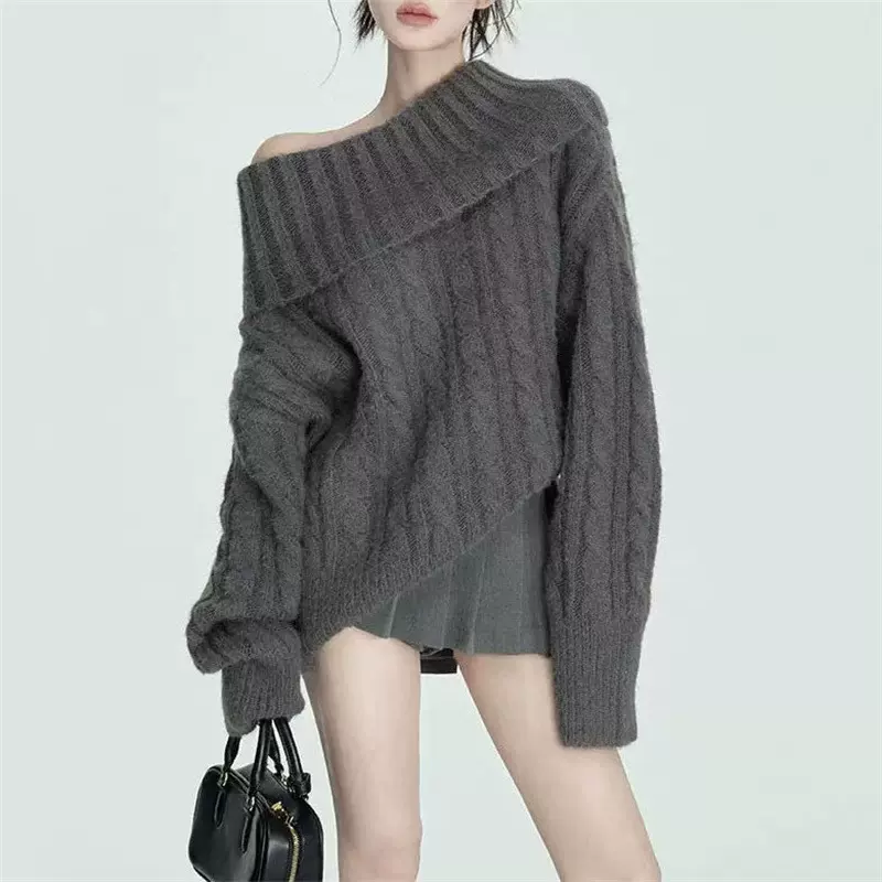 2025冬季新款韩系慵懒风一字肩长袖麻花毛衣宽松百搭加厚上衣女潮
