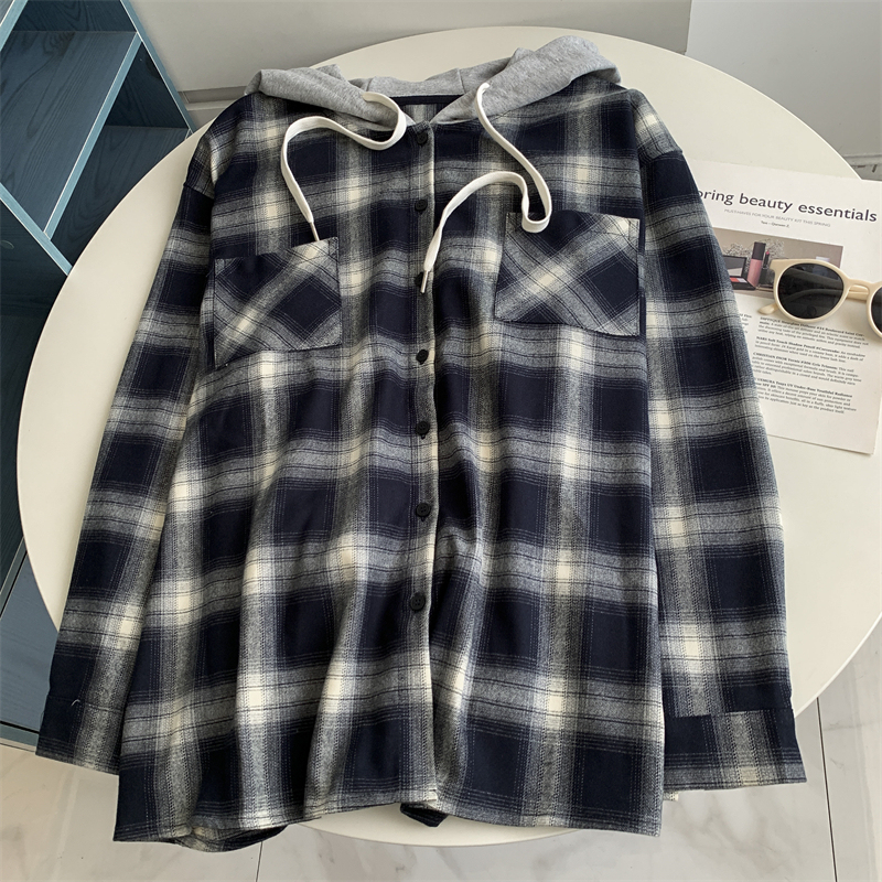 Vintage Plaid Pocket Hooded Jacket Shirt for Women, New Spring and Autumn Lazy Style, Mid-Length Casual Versatile Jacket Trendy