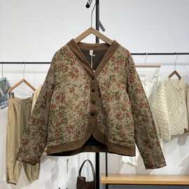 2023秋冬原创民族风提花文艺范棉衣森女单排扣宽松夹棉外套