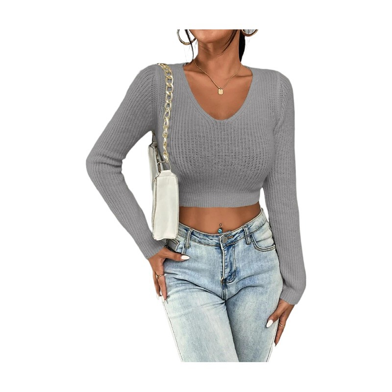 Gestricktes T-Shirt für Damen mit langen Ärmeln und kurzem Bauchnabel, rosa gestrickte Pulloverbluse_voghion.com
