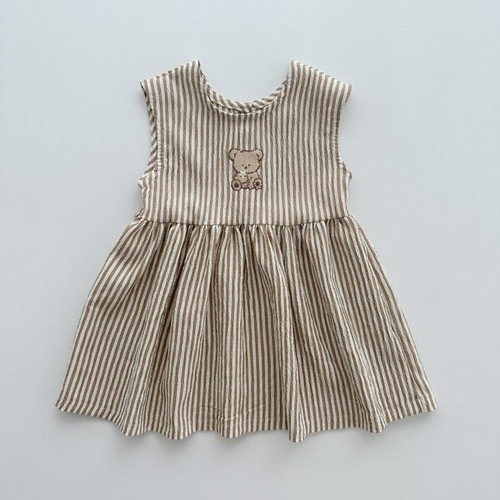 Korean version Ins children's dress summer girl's waistcoat small bear striped backless dress for young children princess dress