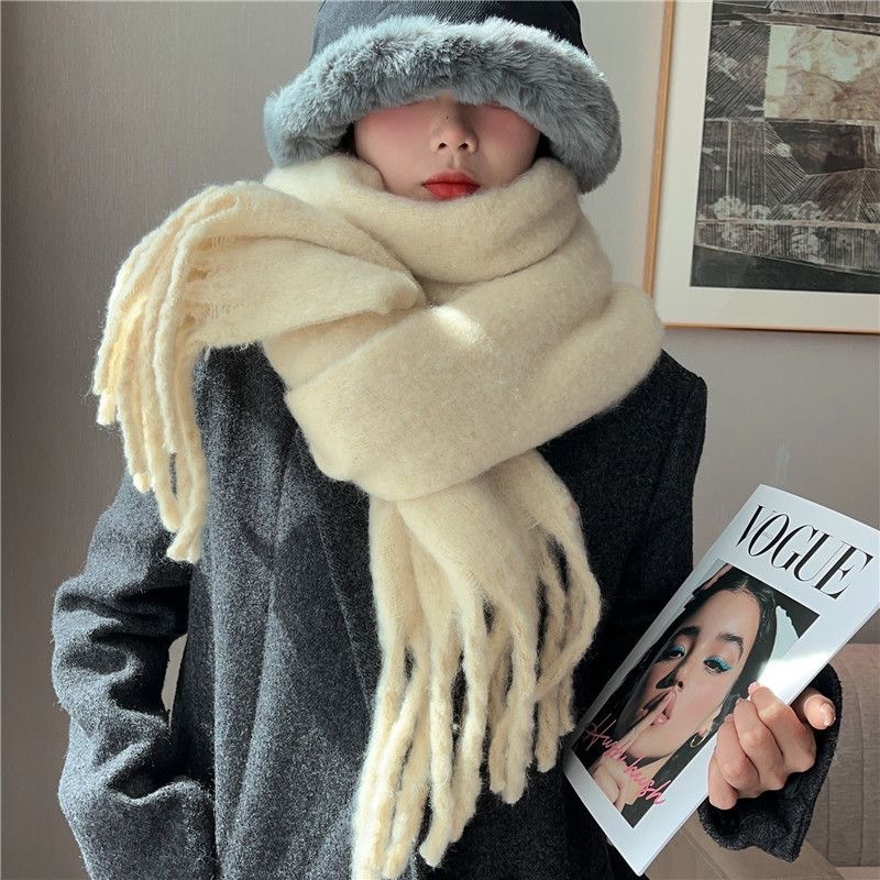 Scarf Women's Winter Solid Mohair Thickened New High Grade White Versatile Lazy Shawl Neck Scarf Warm Tide_voghion.com