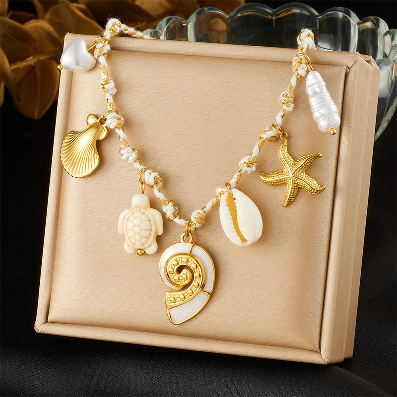 Cross-Border Fashion Retro High-End White Gold Two-Color Knotted Rope Gold-Plated Starfish Scallop Conch Turtle Pendant Necklace