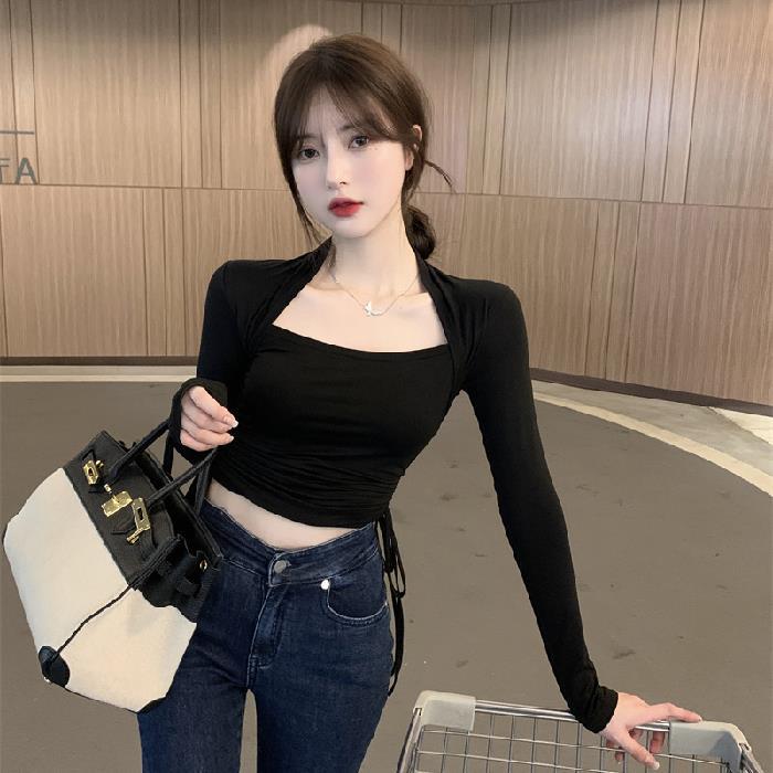 Sexy cuello cuadrado Brown bottoming camisa de diseño de las mujeres sentido nicho primavera y otoño ropa interior Camiseta de manga larga Slim cordón superior moda image 9