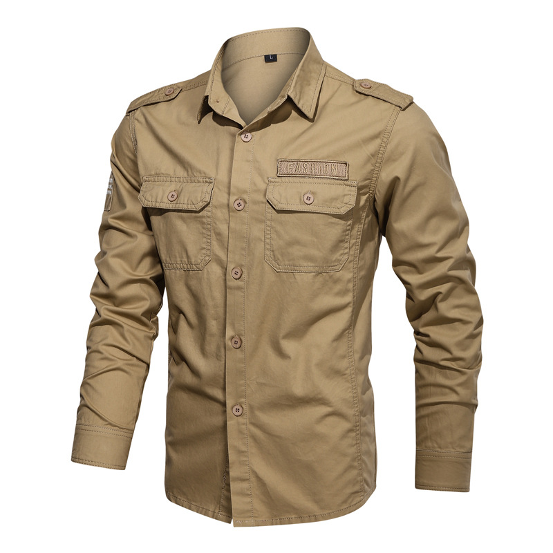 2023 primavera y otoño nuevo hombre camisa militar casual camisa Aliexpress camisa juvenil de mediana edad chaqueta de color sólido