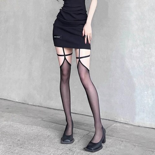 Sexy one-piece suspender stockings for women: sheer, ultra-thin black mesh with a red trim—perfect for creating a leg-enhancing, color-blocked, long-over-the-knee look that flatters your figure.