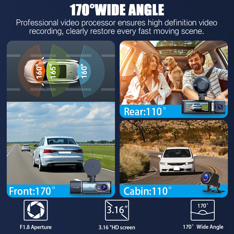 4K+1K+1K 3-Lens Wifi Car Dash Cam Mobile App High-Definition Dash Cam Dashcam