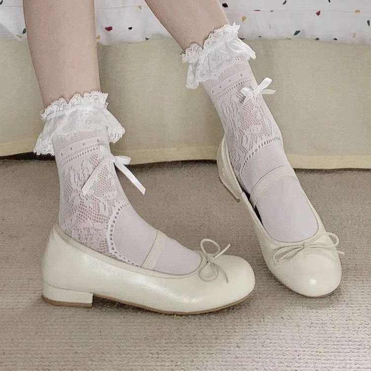 Medias de encaje delgado de verano arco dulce hueco ballet calcetines de pantorrilla lolita blanco