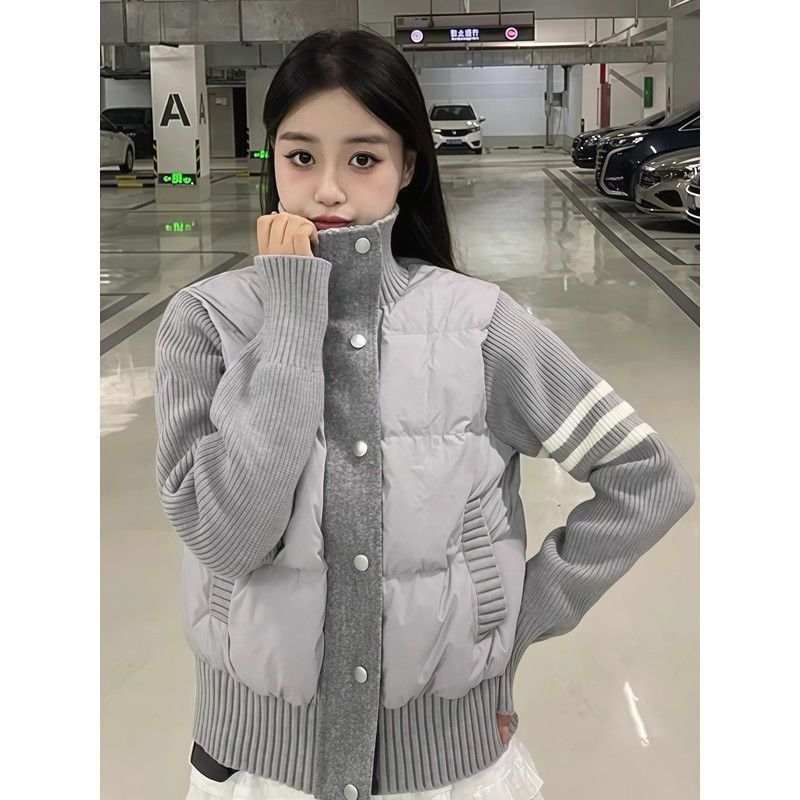 小个子穿搭针织拼接羽绒棉服女短款TB冬季休闲外套女立领棉衣加厚|undefined