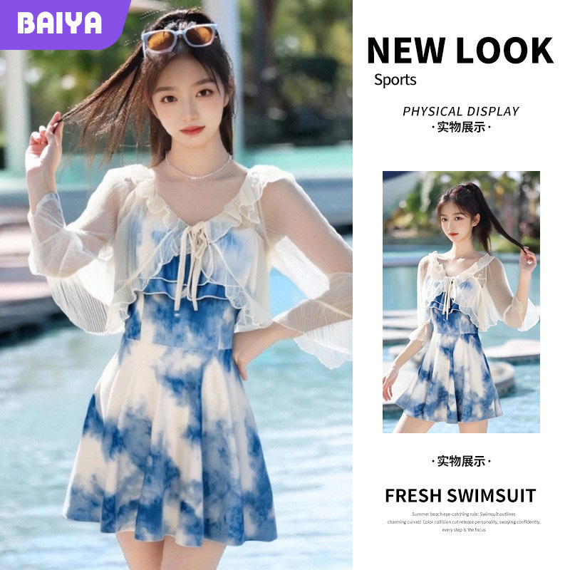 El nuevo estilo azul de alta gama tie-dye, el viento puro, la carne, la fina y conservadora playa, las aguas termales, el estilo de vacaciones, el traje de baño de una pieza, las mujeres