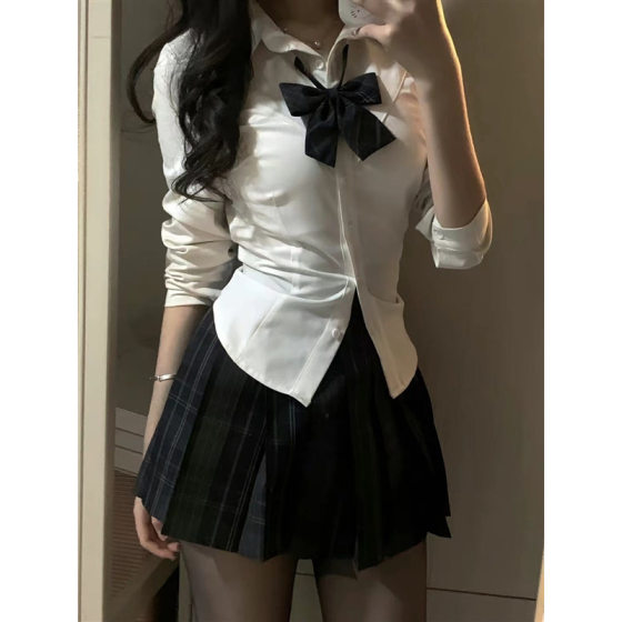 JK uniform summer pure hot girl waist tight shirt female college style slim white short sleeve shirt pleated skirt suit