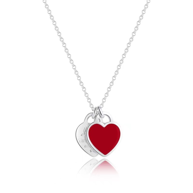Ebaijia T family love necklace female 925 sterling silver red heart drop oil enamel blue clavicle chain double heart pendant