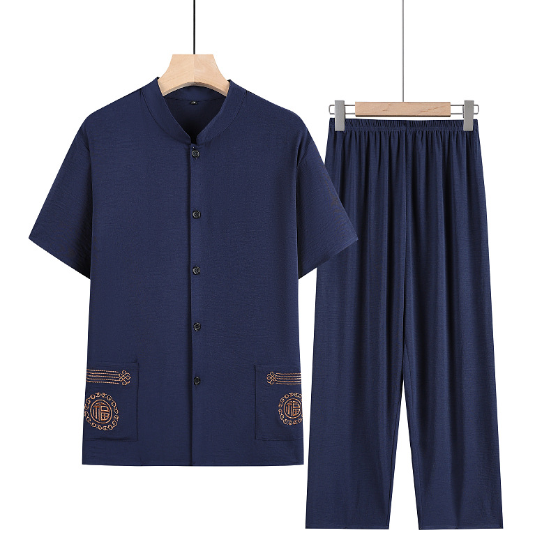 Summer Tang Suit Men's Suit Middle-aged and Elderly Short-sleeved Cardigan Chinese Style Dad Suit Summer Suit Father Grandpa Old Man Clothes