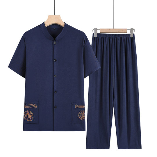 Summer Tang Suit Men's Suit Middle-aged and Elderly Short-sleeved Cardigan Chinese Style Dad Suit Summer Suit Father Grandpa Old Man Clothes