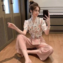 夏季韩版新款雪纺女短袖气质时尚套装休闲阔腿裤九分裤时髦两件套