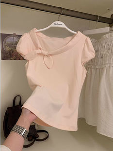 Korean Pink Sweet Bow Design Short-Sleeved T-Shirt for Women in Summer Slimming Look and Beautiful Short Top